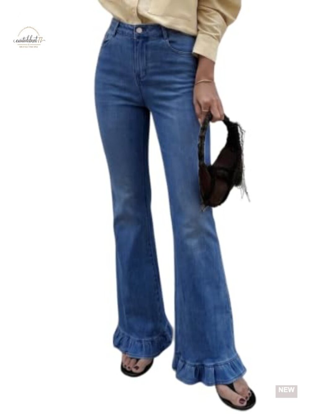 Women's High Waisted Flare Jeans Ruffle Hem Stretchy Denim Pants
